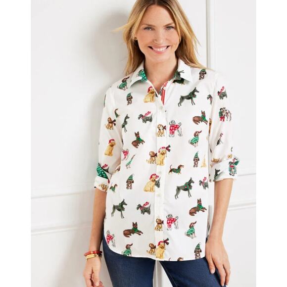 Talbots White Multi Dogs of Christmas Modern Long Sleeve Classic Shirt Womens XS - Picture 1 of 5